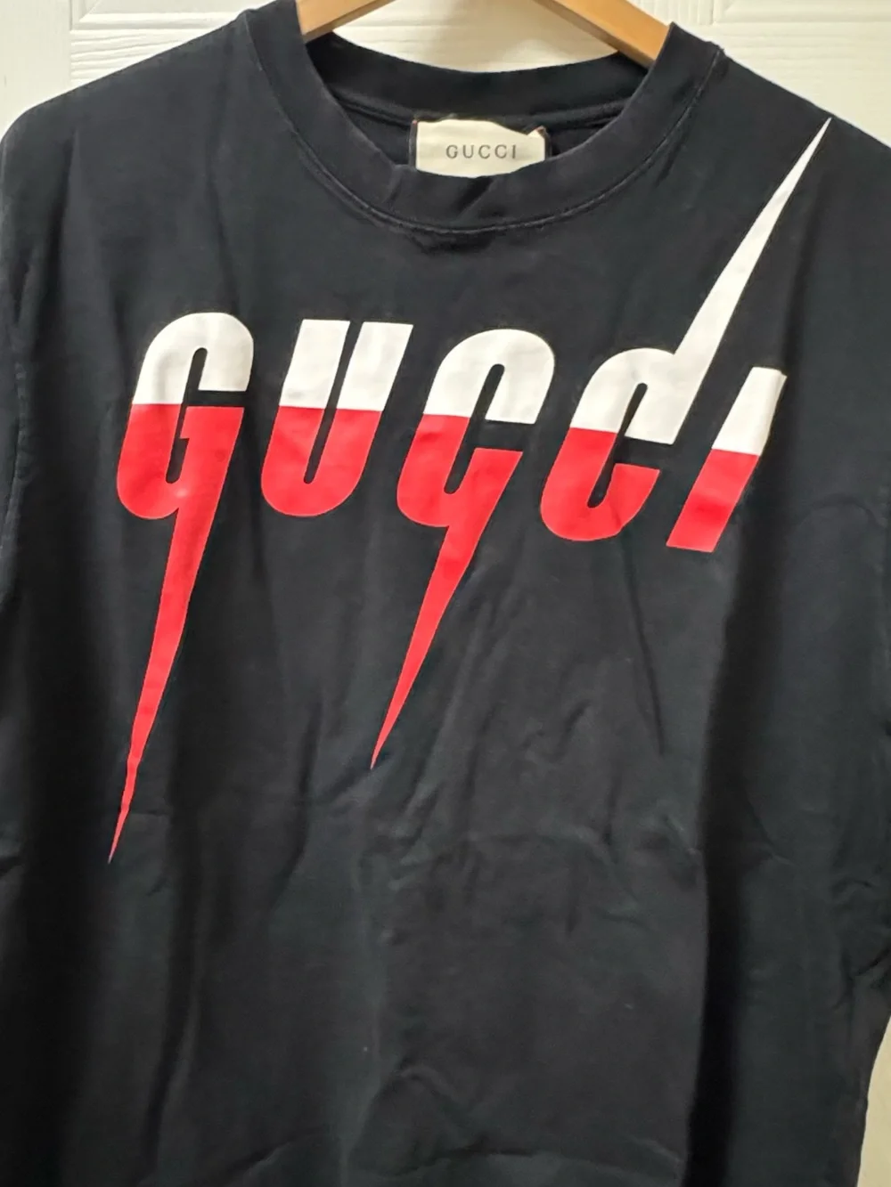 Gucci Black Short-Sleeve Graphic Logo Tee with Red & White Accents